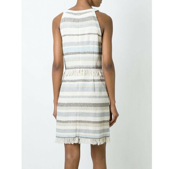 Tory Burch Mini Fringed Boho Dress 10 Ivory Sleeveless Cotton Sheath Stripe - Picture 2 of 8